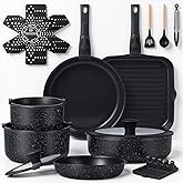 Ammeloo 21 Pcs Pots and Pans Set Non Stick with Detachable Handle & Grill Pan, Induction Ceramic Cookware Set, Non Toxic Kitchen Pots and Pans Set for RVs,Camping, Oven/Dishwasher Safe, Black