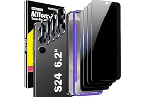 Milomdoi 4 Pack Privacy Screen Protector for Samsung Galaxy S24 with 4 Pack Tempered Glass Camera Lens Protector, Ultra 9H Accessories, case friendly, mounting frame, 2.5D curved