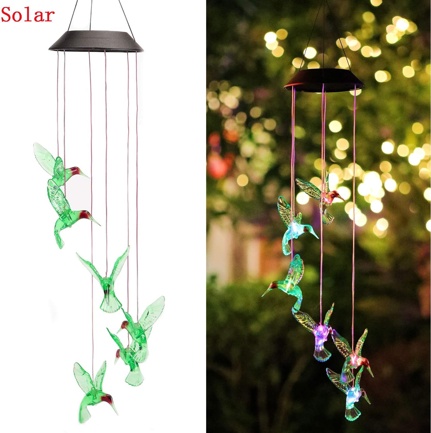 Isyunen Solar Hummingbird Wind Chimes Color Changing LED Solar Mobile