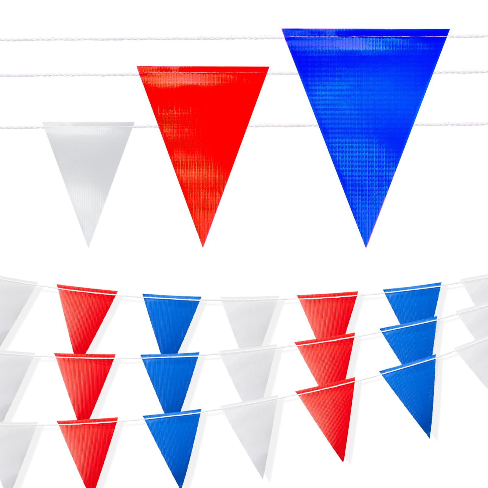 Photo 1 of Safety Warning Pennant Banner Flags – 105FT OSHA High Visibility Colored Triangle Flags for Construction Zones, Roadwork, and Hazard Areas(RED+WHITE+BLUE,45PCS)