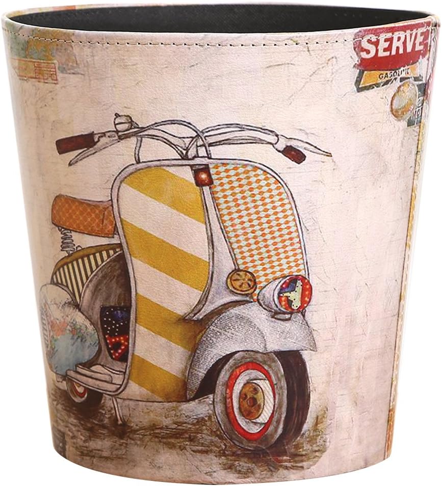 HMANE Wastebasket, British Style PU Leather Round Decorative Trash Bin Garbage Can Wastebasket Without Lid for Living Room Home Office - (Retro Electric Car Pattern)