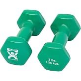 CanDo Vinyl Coated Dumbbells Pair Green 3 lb 2pc Handheld Weights for Muscle Training and Workouts, Color Coded Anti-Roll Home Gym Equipment, Beginner and Pro