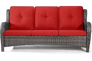 Joyside Outdoor Patio Couch Wicker Sofa - 3 Seater Rattan Sofa for Outside Patio Garden with Deep Seating and Olefin Cushions(Mixed Grey/Red)