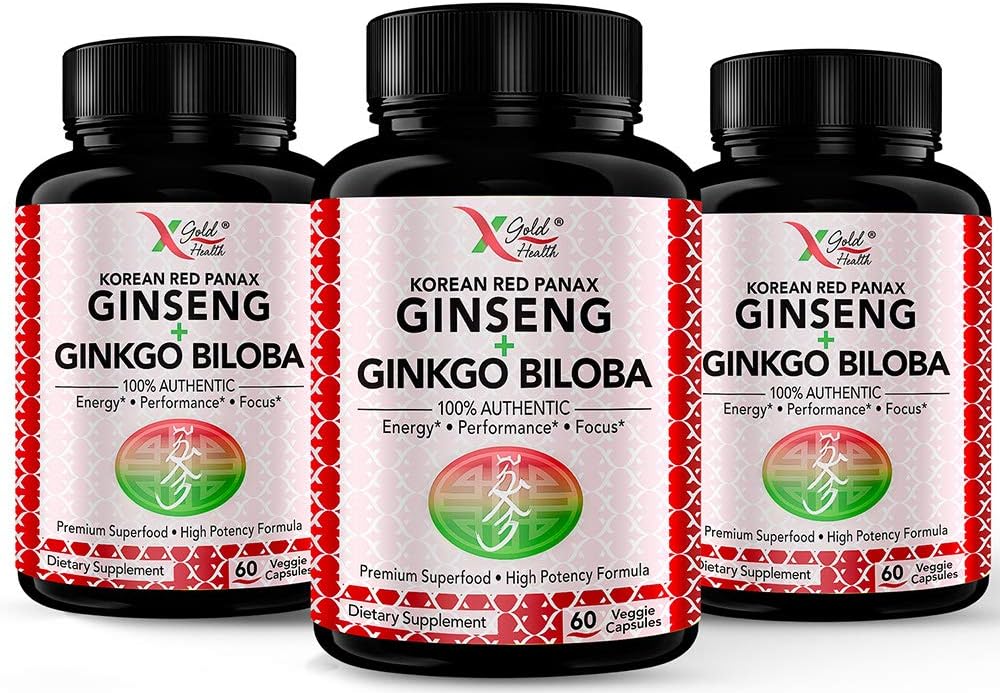 Korean Red Panax Ginseng 1200mg + Ginkgo Biloba - Extra Strength Root Extract Powder Supplement w/High Ginsenosides Vegan Capsules for Energy, Performance & Focus Pills for Men & Women: Health & Personal Care