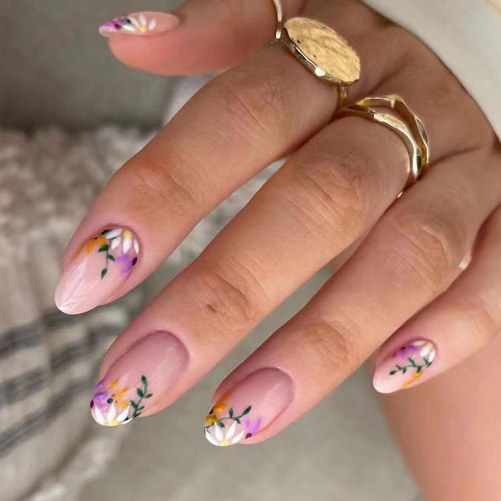 FJSMTOPl Flower Press on Nails Short Oval Fake Nails Floral False Nails with Design Leaf Spring Glossy Full Cover Acrylic Glue on Nails Artificial Stick on Nails for Women Manicure 24Pcs, style35