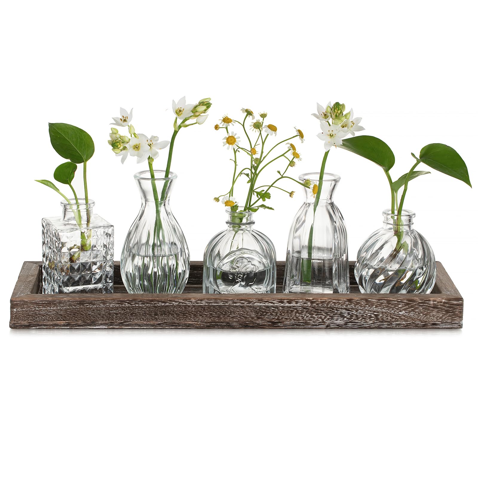 Hewory Glass Bud Vases for Flowers: 5pcs Vintage Small Vases for Table Decoration Centrepiece - Clear Glass Vase Set with Wood Tray Cystal Flower Vase for Living Room Decor Home Wedding