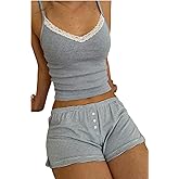 Women Sexy 2 Piece Pajama Set Cute Pj Sets Floral Print Lace Trim Cami Tank Top Shorts Teen Girls Sleepwear