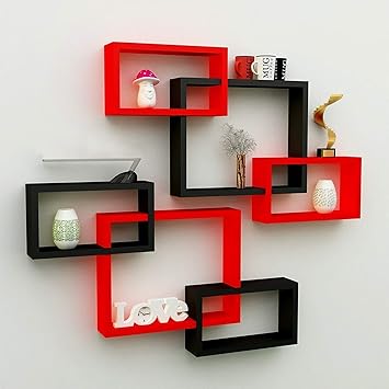 Santosha Decor MDF Wall Decoration Intersecting Floating Shelves (Black and Red) - Set of 6