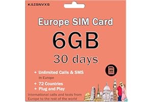 KAISNVXS Plug and Play Prepaid SIM Card for Europe Travel - UK 10GB / EU 6GB for 30 Days in 70+ Countries,No Need Activation,4G LTE High Speed Network + Unlimited Calls and SMS