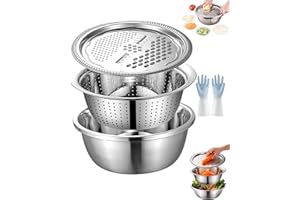 Grating and Slicing Bowl,Stainless Steel Grating Bowl,3 in 1 Stainless Steel Strainer,Fast Prep Slicer Bowls for Vegetables,F