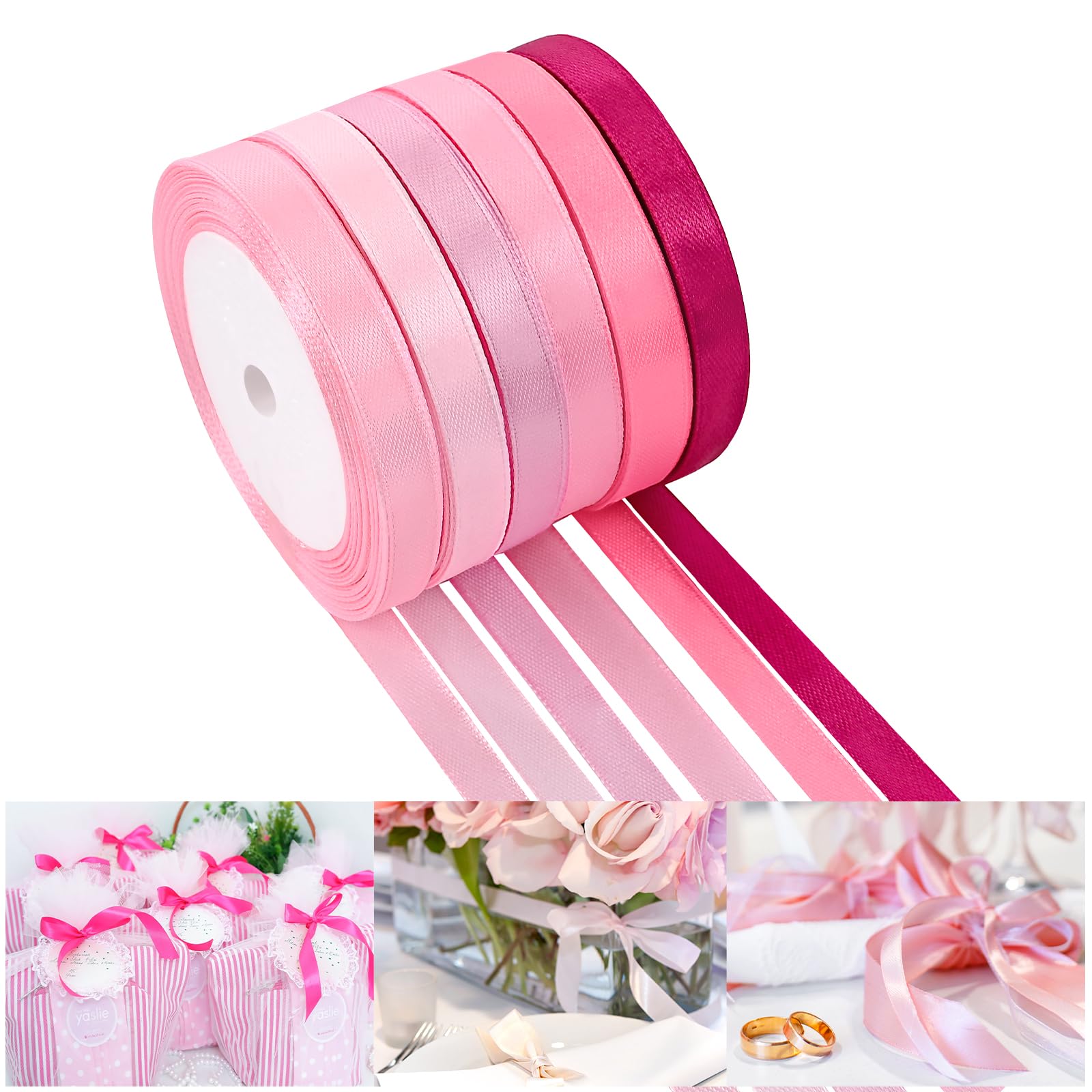 Photo 1 of NACHLYNN 150 Yards Pink Satin Ribbon 3/8 inch Wide Polyester Fabric Ribbon Use for Gift Wrap Wedding Bridal Baby Shower Bows Valentine's Day Decor