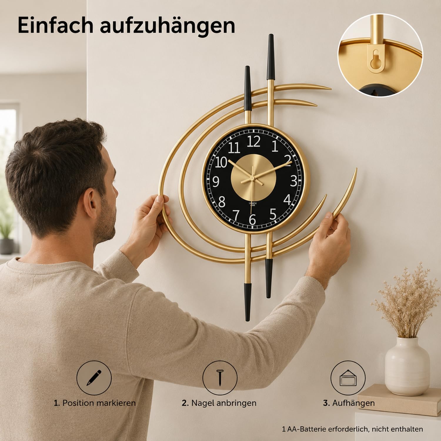 LANMOU Wanduhr Groß Modern 54cm, Gold Schwarz Metall wohnzimmeruhr Deko 7