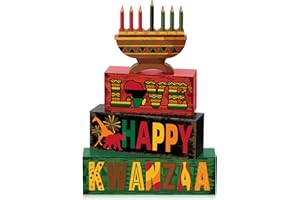 Yuntau 4 Pcs Kwanzaa Table Decorations Wooden Candlestick Sign Wood Block Tabletop Centerpiece Happy Kwanzaa Tiered Tray Table Toppers for Farmhouse Home Office Desk Decor Holiday Party Supplies