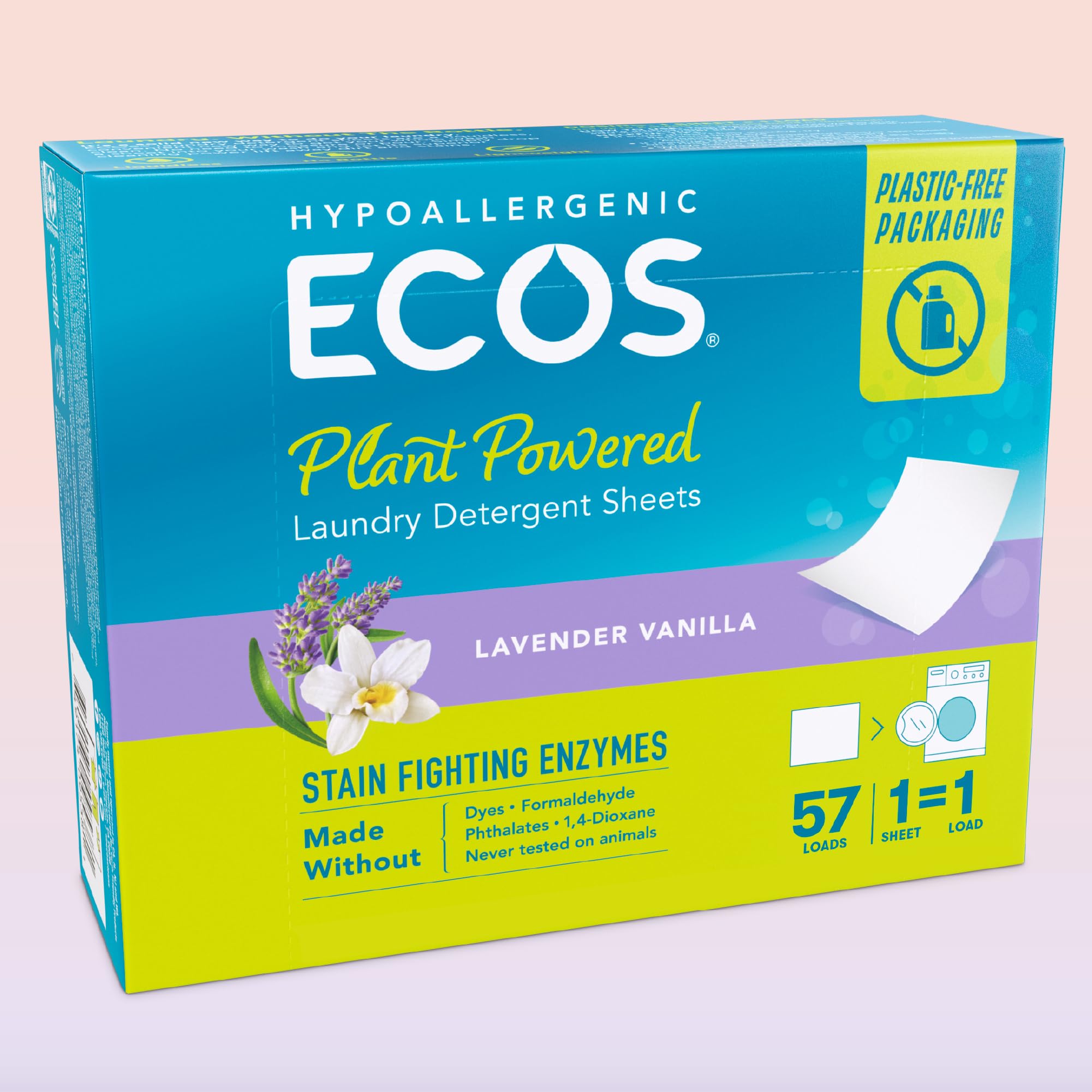 ECOS Laundry Detergent Sheets - Vegan, No Plastic Jug, No Mess & Liquid Free Laundry Sheets in Washer Hypoallergenic, Plant Powered Laundry Detergent Sheets - Lavender Vanilla 57 Count (Pack of 2)