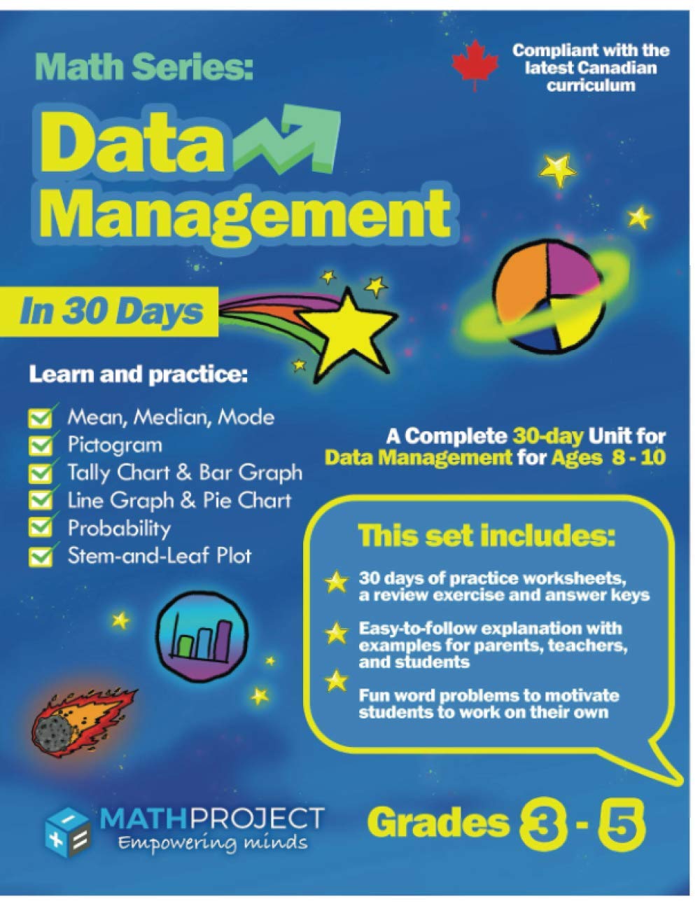 amazon com data management for grades 3 5 or ages 8 10 mean median mode pictogram tally chart bar graph line graph pie chart probability stem and leaf graph canadian curriculum 9798737558772 project math books