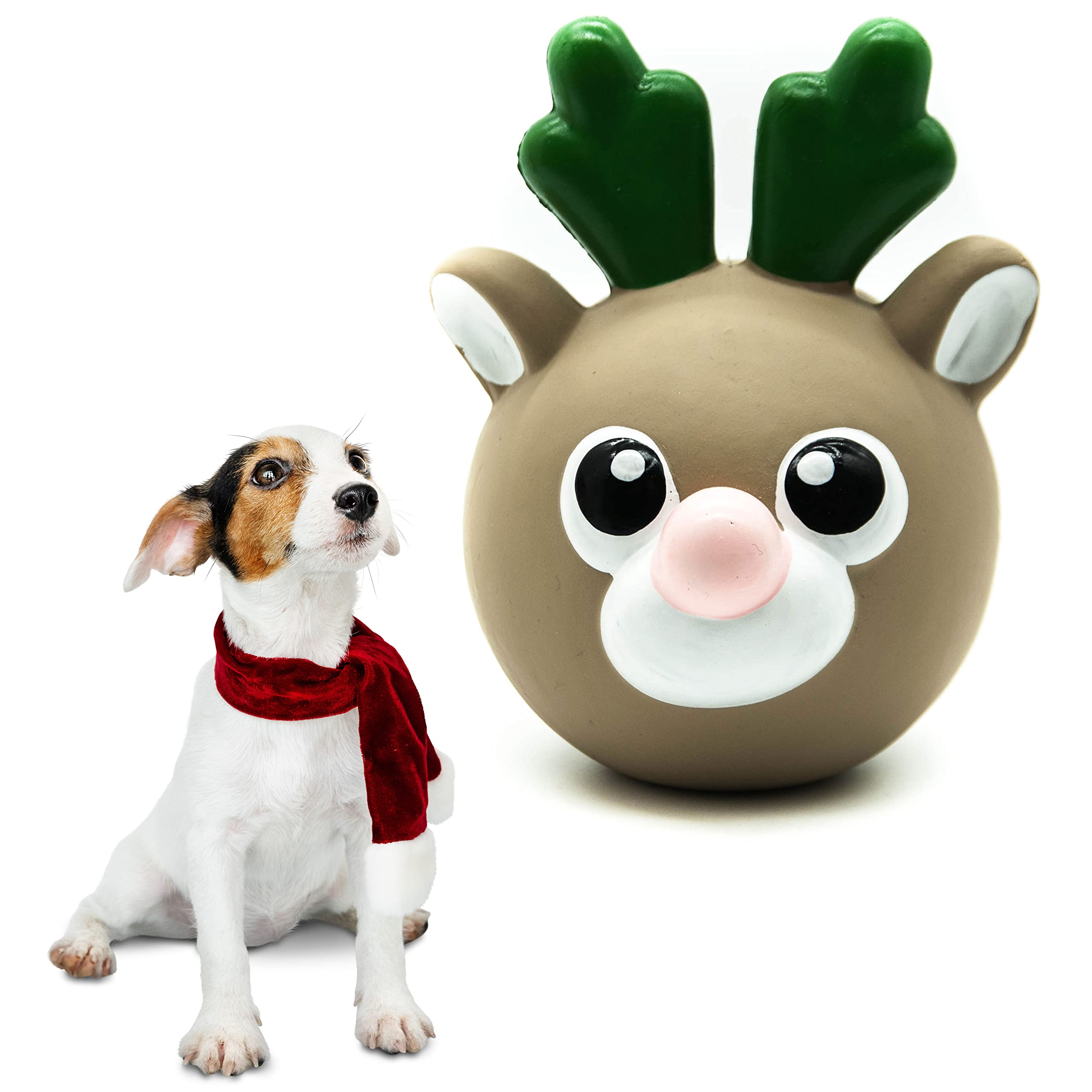 Petopedia Festive Squeaky Dog Toys - Interactive LATEX Chew Toys for Boredom - Standing Rolling Pet Reindeer, Penguin, Snowman Puppy Teething Toys (Reindeer)