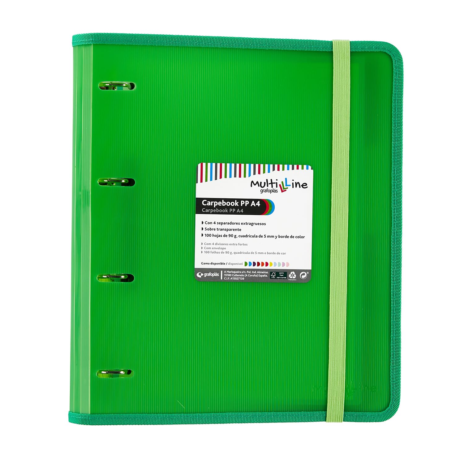 Grafoplás Carpebook Multiline 88100020 4 Rings with Refill and Dividers, A4, Green, Polypropylene, Ruled