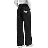 Fulihug Girls Wide Leg Jeans Baggy Bow Embroidery High Elastic Waist Denim Pants Cute Y2K Trendy Tween Streetwear 8-16Y