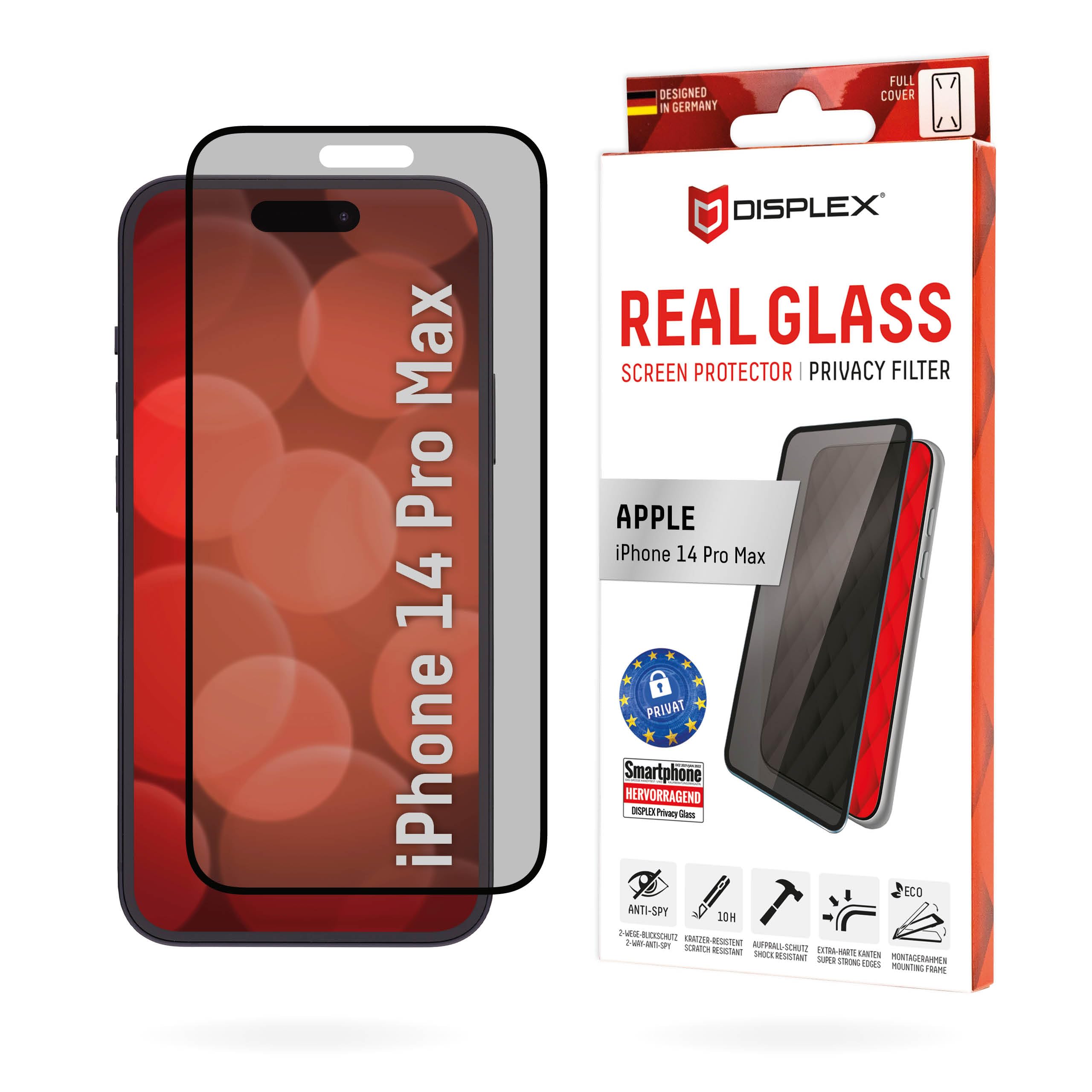 Displex Privacy Full Cover Tempered Glass (10H) for Apple iPhone 14 Pro Max, Eco Mounting Frame, Privacy Filter, Tempered Glass, Scratch-Resistant Protective Film, Case-Friendly