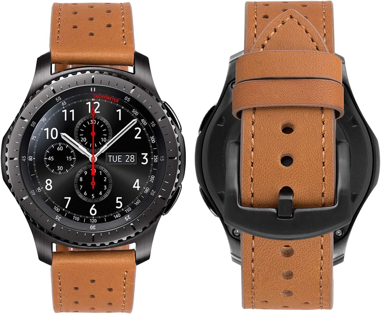 iBazal Gear S3 Frontier/Galaxy Watch Bands 46mm, Genuine Leather Breathable 22mm Wristband Replacement Strap for Samsung Galaxy Watch 46mm,Samsung Gear S3 Frontier/Classic SM-R760/Pebble Time - Brown