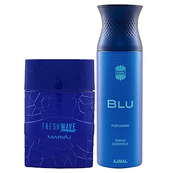 Maryaj Fresh Wave Eau De Parfum Citrus Woody Perfume 100ml for Men and Ajmal Blu Homme Deodorant Aquatic Woody Fragrance 200ml for Men + 2 Parfum Testers FREE