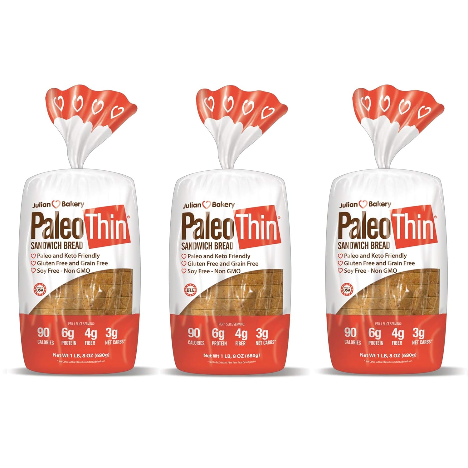Paleo Thin Sandwich Bread (New) Gluten-Free Low Carb (3 Net Carbs) 6g Protein (16 Slices 1.5 Lbs) (3 Pack)