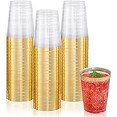 DaYammi 200 Pack Gold Plastic Cups 10 Oz Clear Cup Gold Rimmed Disposable Wine Glasses Fancy Disposable Party Cups Tumblers Drinking Cup Plastic Cocktail Glasses gold disposable cups for Party Wedding
