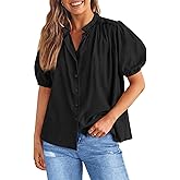 Tankaneo Womens Puff Sleeve Button Down Shirts Cotton Pleated Loose Fit Tops Summer Dressy Casual Blouses