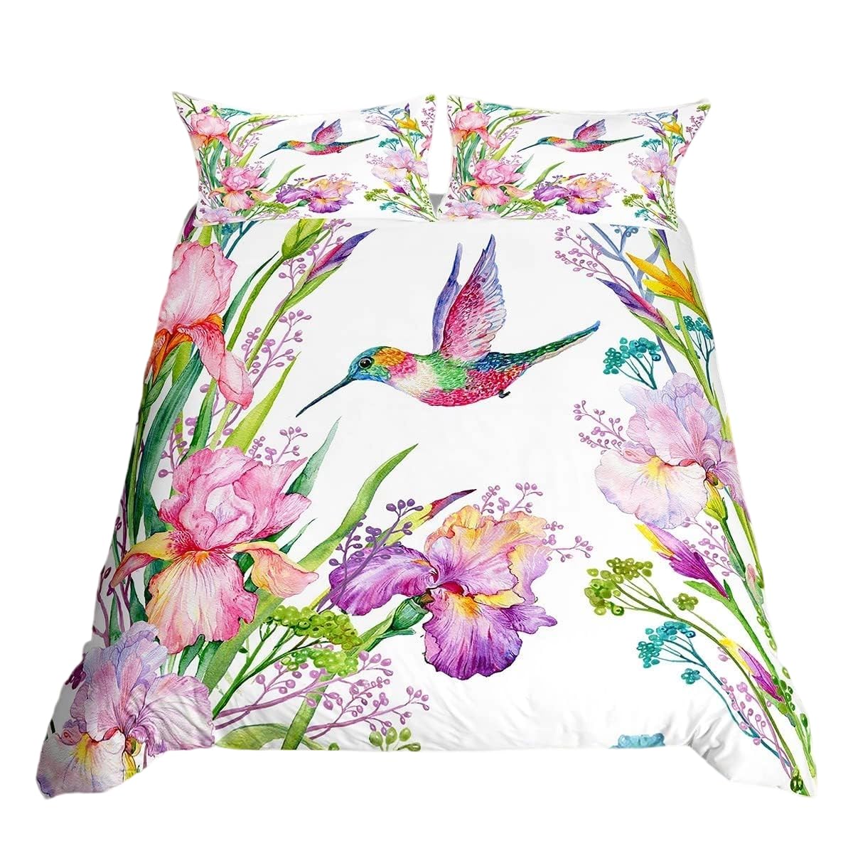Homewish Tropical Birds Bedding Set Watercolor Hummingbird Comforter Cover For Kids Child,Romantic Irises Flowers Duvet Cover Exotic Wildlife Bed Set Jungle Floral Bedroom Decor Double Size White