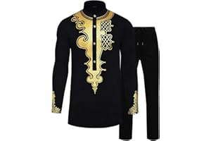 OYOZONE African Suits for Men Dashiki Metallic Suit Printed Shirt and Pants Outfit Traditional 2 Piece Set