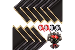 Hoemwarm 100 Sheets Black Flower Wrapping Paper Gold Edge Bouquet Accessories,23 Inch Florist Floral Bouquet Supplies Waterproof 4 Ribbons for Wedding Birthday Gift DIY Crafts(100 Black)