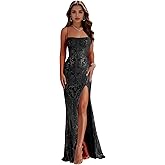 Women's Mermaid Sequin Prom Dresses with Slit Sparkly Spaghetti Straps Long Evening Dress Corset Formal Gown