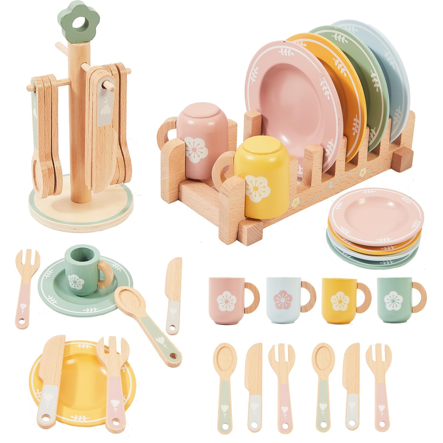 Benhurb Wooden Tea Set for Toddlers, Wooden Toys, Mud Kitchen Accessories Toys Pots and Pans Playset Cutlery Wood Pretend Play Food Toy, Role Play Toys Gift for Toddlers Girls Boys Age 3 4 5 6 Years