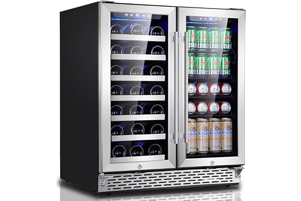 Phiestina Wine and Beverage Refrigerator, 30 inch Dual Zone Wine Fridge with Glass Door 33 Bottles & 100Cans, Built-in or Freestanding Beer Drink Wine Cooler with Blue LED Light