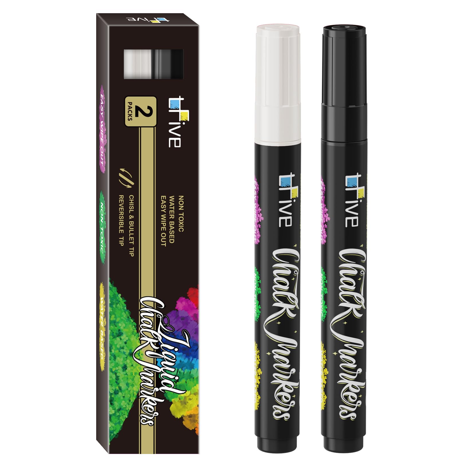 Photo 1 of TFIVE White&Black Liquid Chalk Markers - 2 Pack Bright Colors Erasable Chalk Marker Pens, Reversible Tip, Non-Toxic, for Chalkboards, Signs, Glass, Easy to use Chalk markers TF800