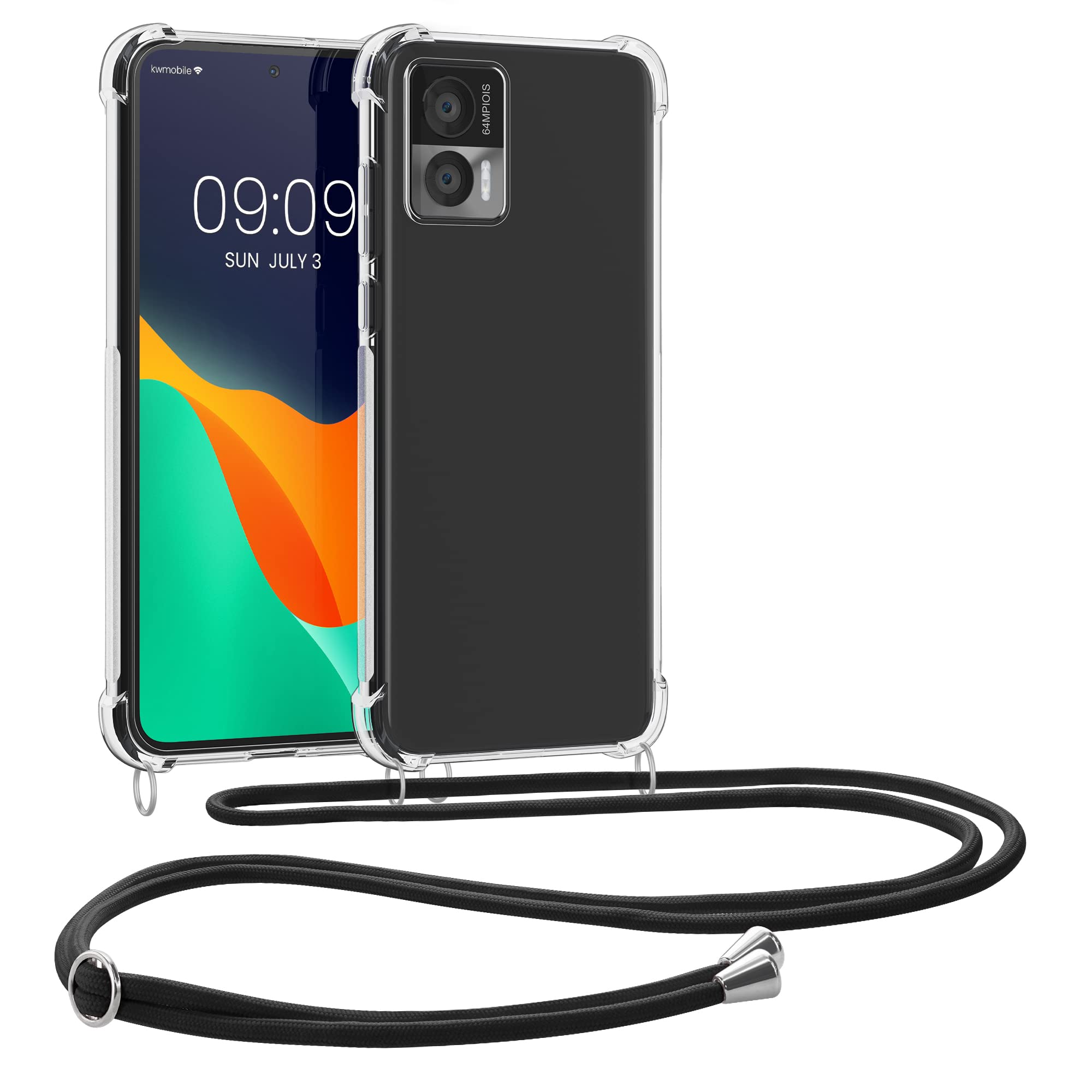 kwmobile Crossbody Case Compatible with Motorola Edge 30 Neo Case - Clear TPU Phone Cover w/Lanyard Cord Strap - Transparent/Black