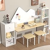 RUPOLX Wooden White Kids Double Study Desk and Chair Set, Kids Desk with 5 Storage Cabinets, Kid Study Table and Chair Set, Toddler Study Desk for Kids Bedroom-003