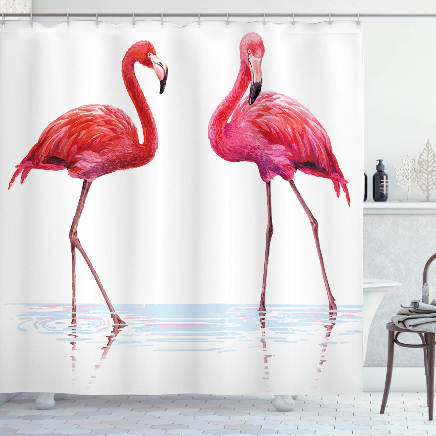 ABAKUHAUS Animal Shower Curtain, 2 Hand Drawn Flamingos in Pink Colors on Seaside Tropical Wildlife Artwork, Cloth Fabric Bathroom Decor Set with Hooks, 86 Inches Extra Long, Orange Lavender โ image 1