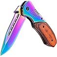 KEXMO Pocket Knife for Men - 3.46" Sharp Blade Wood Handle Pocket Folding Knives with Clip, Glass Breaker - EDC Knives for Survival Camping Fishing Hiking Hunting Women, Rainbow