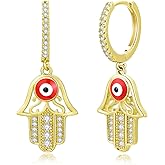 Women’s Hamsa Hand Evil Eye Huggie Hoop Earrings – Gold-Tone Brass with Cubic Zirconia, Red Enamel Protection Dangle Hoops, Lucky Gift