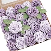 Floroom Artificial Flowers 25pcs Real Looking Lavender African Violet Purple Foam Fake Roses with Stems for DIY Wedding Bouquets Bridal Shower Centerpieces Floral Arrangements Party Tables Decorations