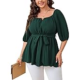 SHESTARR Women's Plus Size Square Neck Peplum Blouses Dressy Tops 3/4 Puff Sleeve Empire Waist Tie Ruffle Hem Babydoll Top