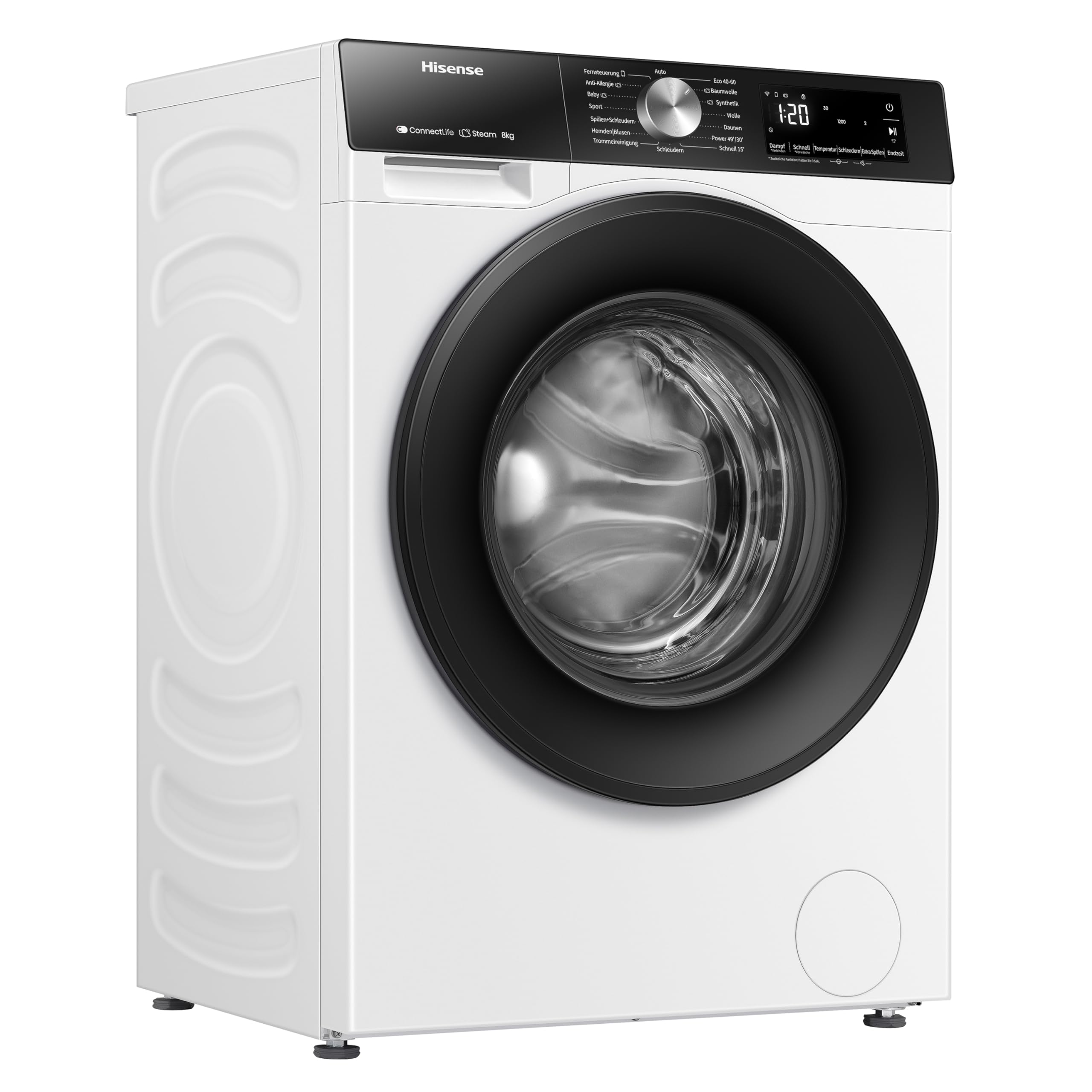 Hisense WF3S8043BW3 Waschmachine mit Dampffunkunktion, 8 kg, 1400 U,min, WIFI, ConnectLife, Power JetWash, Anti-Allergie Programm, Aqua Stop, Auto Wash, Quick Wash, EEK A-30 Prozent 7