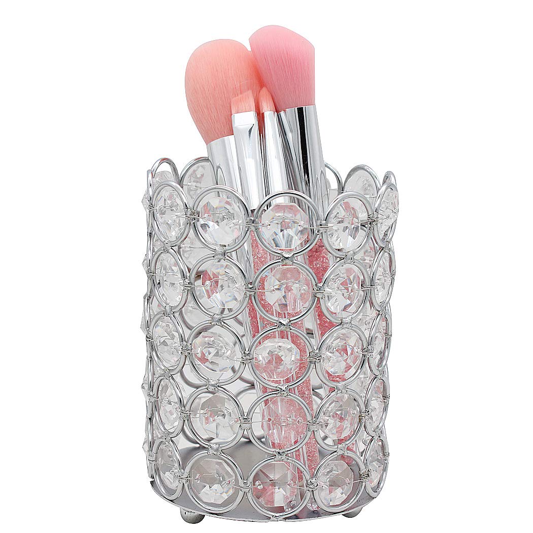 SIPLIV Makeup Brush Holders Pen Holder Handcrafted Crystal Eyebrow Pencil Pen Collection Cosmetic Storage for Vanity Bathroom Office Desk Organizer - Round, Silver