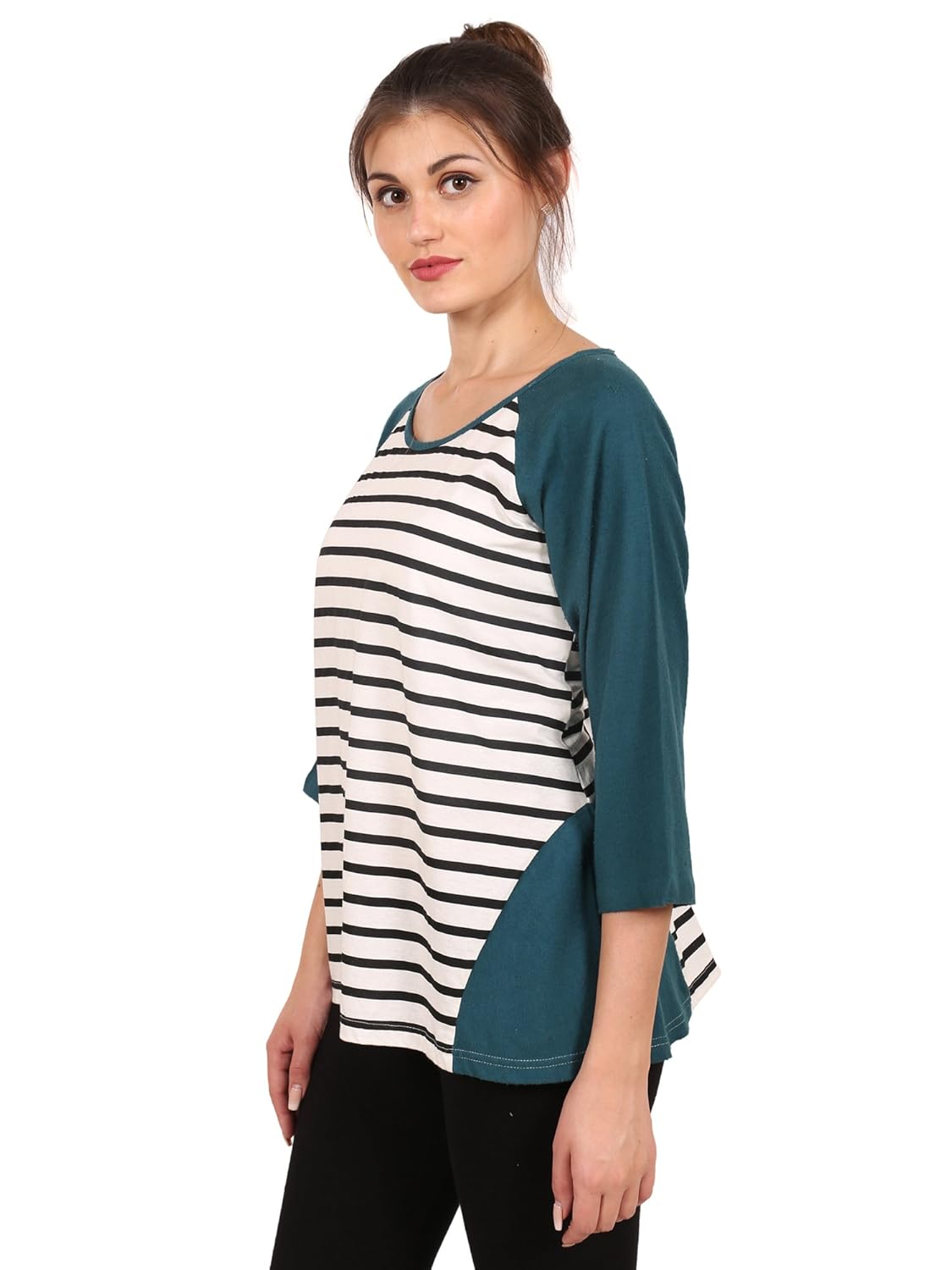 9teenagain women's black striped hosiery top (teal & black & white)