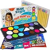 Blue Squid Body Crayon Sticks & Face Paint Kit Bundle - 18 XL Crayons & Markers for Skin & 18-color Face Painting Kit for Kids with 24x Stencils, Brushes, and Design Book, Ideal for Toddlers & Parties