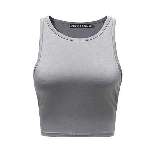 OThread & Co. Women's Basic Crop Tops Stretchy Casual Crew Neck Sleeveless Crop Tank Top (Large, Grey)