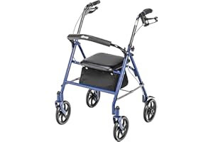 Drive Medical 10257BL-1 4 Wheel Rollator Walker With Seat, Steel Rolling Walker, Height Adjustable, 7.5" Wheels, Removable Back Support, 300 Pound Weight Capacity, Blue