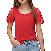 Noomelfish Girls Lace Short Sleeve T-Shirts Kids Summer Cute Tops Blouse(5-12 Years)