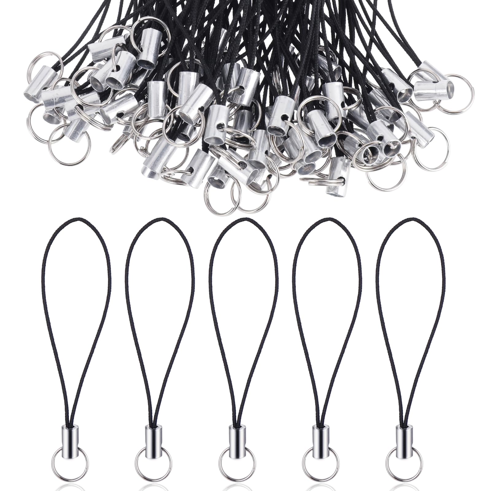 100PCS Phone Charm Loop String Split Ring Strap Mobile Lariat Lanyard Sliver Tone Split Ring Cellphone Strap Charm Cords For Cellphone Usb Drive Keychain Diy